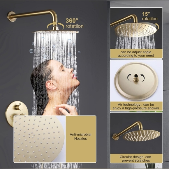 Shower Head and Faucet Set 10 Inch Wall Mount Brass Bathroom Set By Smaliibuss - Picture 7 of 13